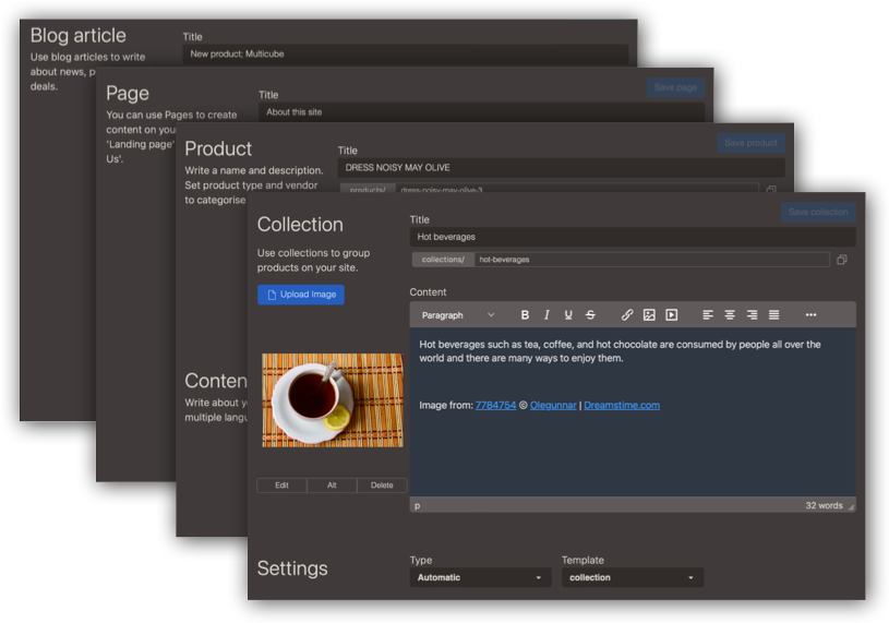 Cradle site admin has built in views for content management for products, blog posts, collections and pages